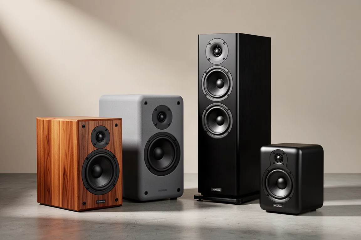 Four loudspeakers of different sizes arranged on a matte concrete surface