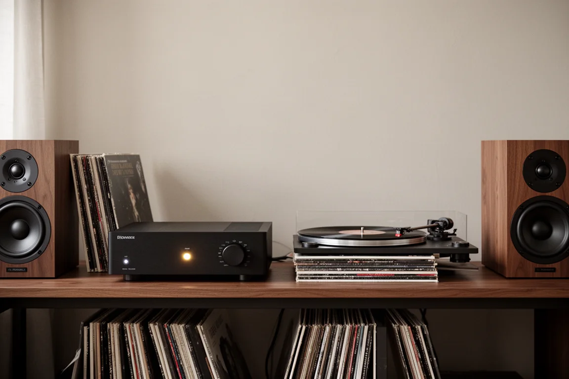 Veduta ampia di un impianto stereo con amplificatore, giradischi e scaffale per dischi