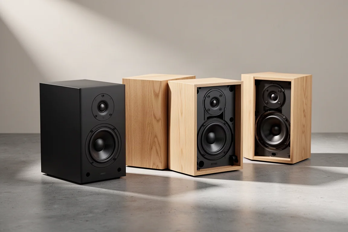 Four bookshelf speakers with black and light wood cabinets lined up on a concrete surface