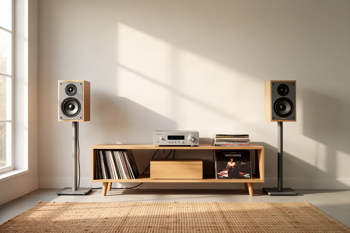 Bright living room with compact speakers on stands, an amplifier and a low shelf of records