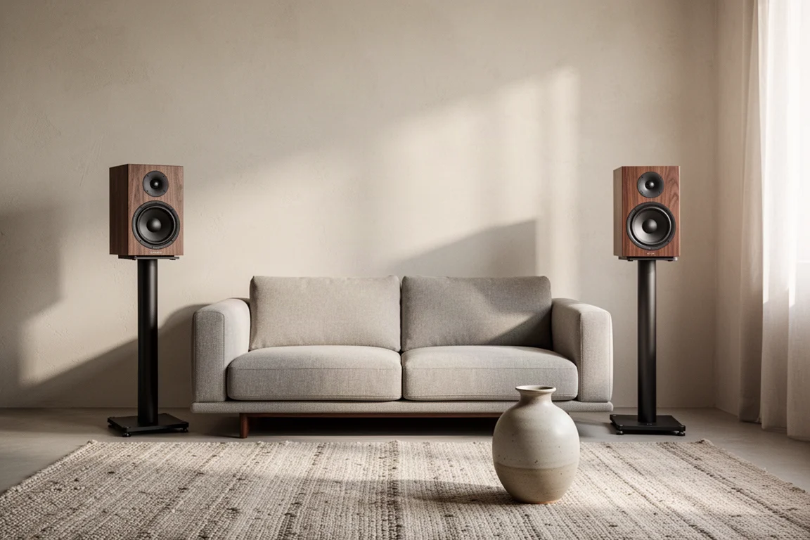Two modern standmount speakers on stands in a sunlit apartment with a sofa and rug