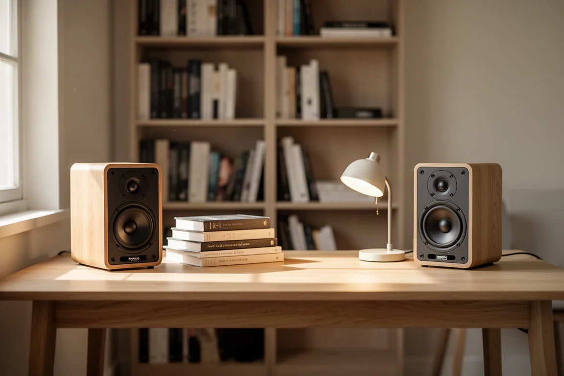 Compact standmount speakers on a wooden desk in a quiet study with bookshelves behind
