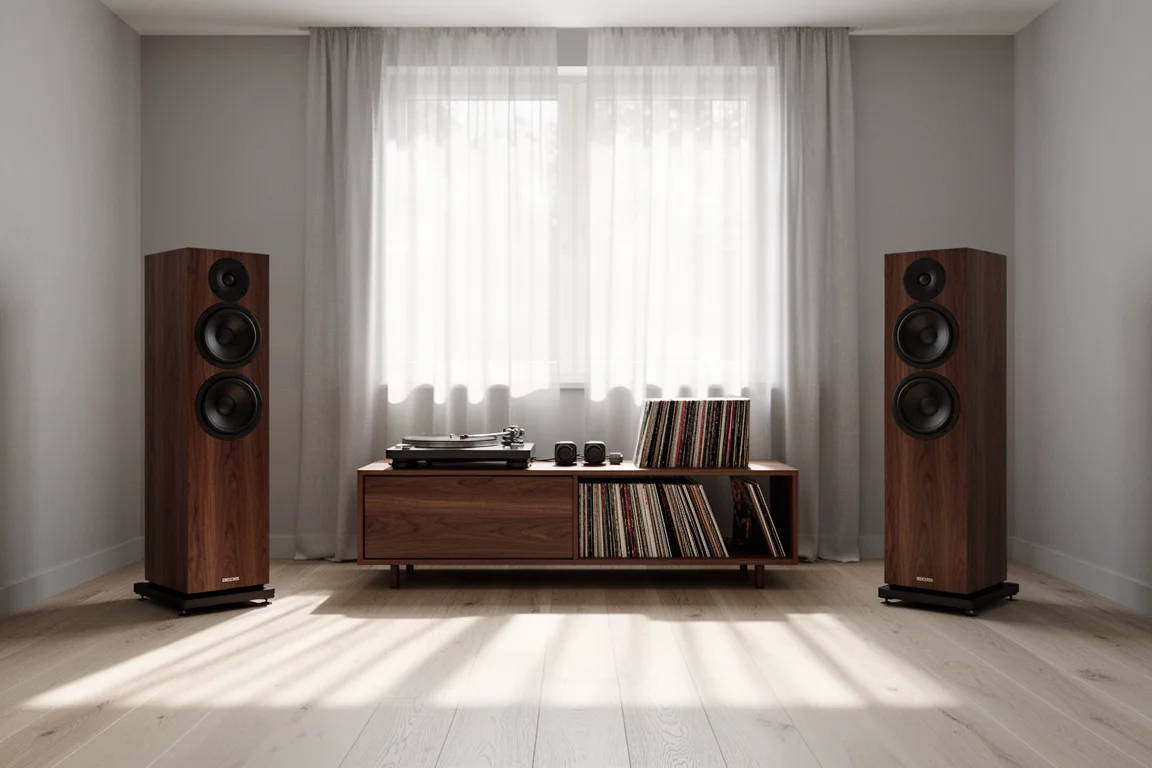 Floorstanding speakers in a spacious room with a low cabinet and record player