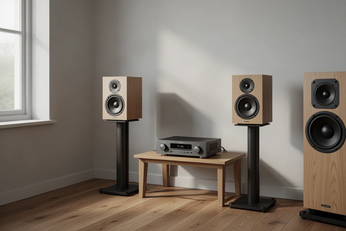 Neutral listening room with bookshelf speakers on stands and an amplifier on a low wooden shelf