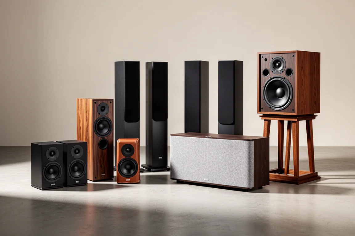 Several loudspeakers of different sizes arranged in a loose arc on a concrete floor