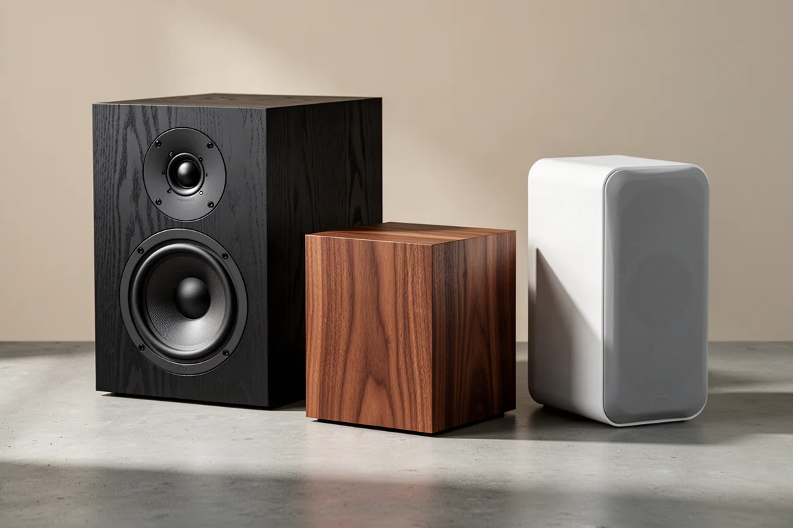 Group of hi-fi bookshelf speakers in black, walnut and white finishes on concrete