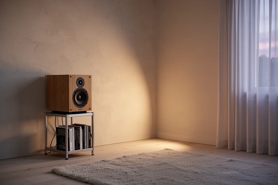 Minimal listening room corner with a bookshelf speaker on a stand close to a wall