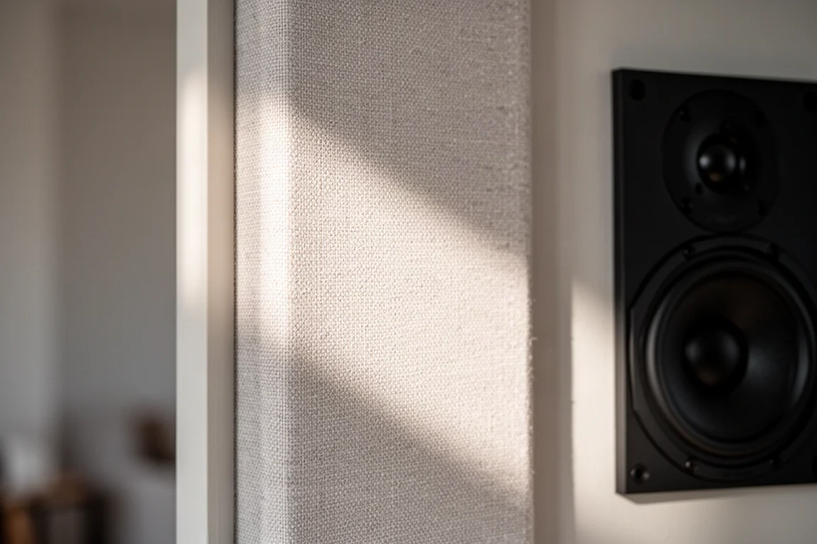 Fabric acoustic absorption panel mounted on a sidewall beside a loudspeaker