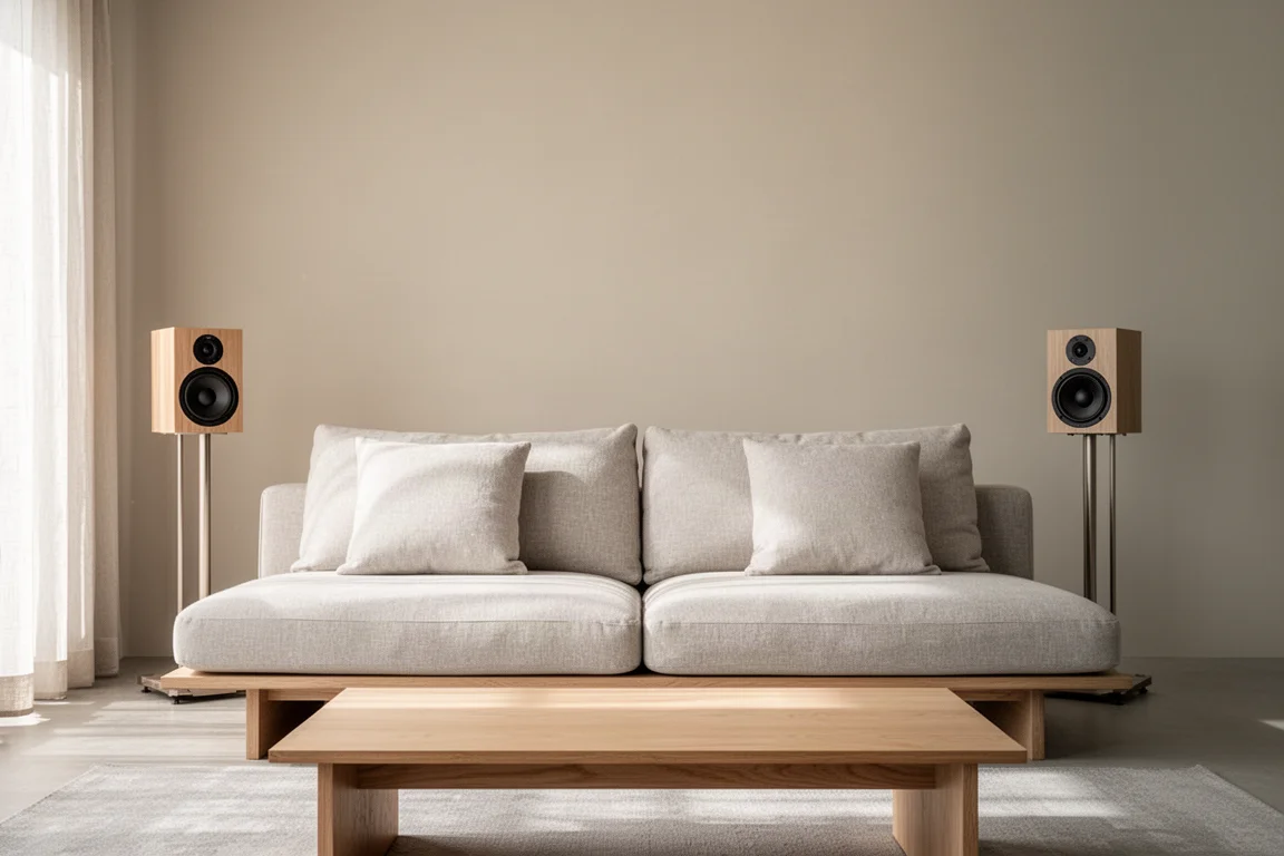 Living room sofa facing two bookshelf speakers angled inward on slender stands
