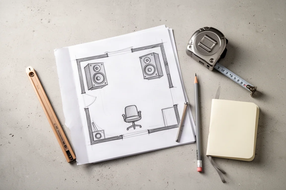 Overhead flat lay of a room layout sketch, tape measure, and notebook on concrete
