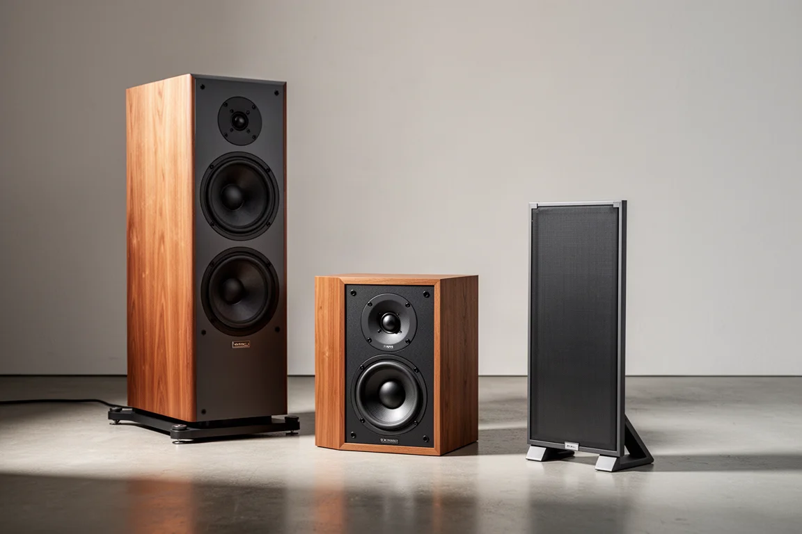 Floorstanding tower, bookshelf speaker, and planar panel arranged on a concrete floor
