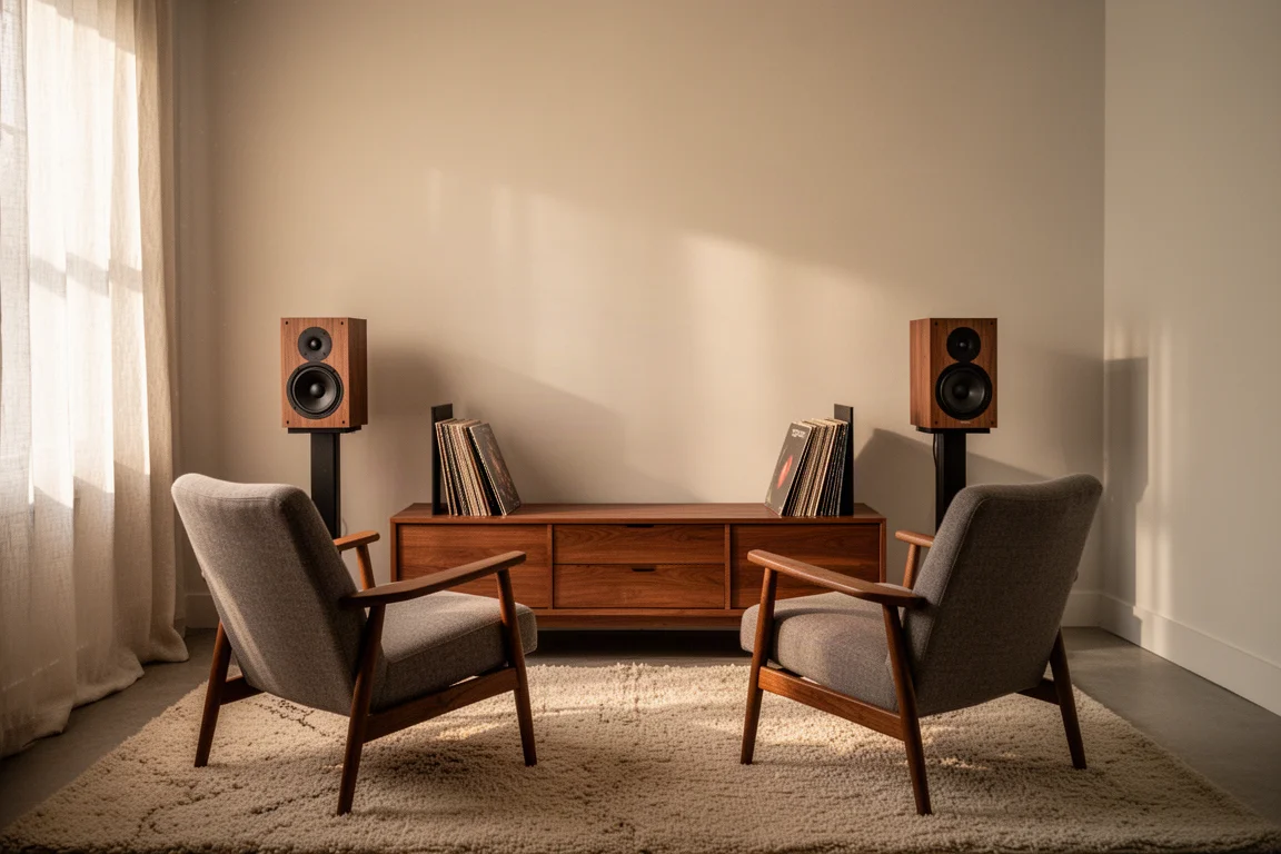 Compact listening room with two small bookshelf speakers on stands and an armchair