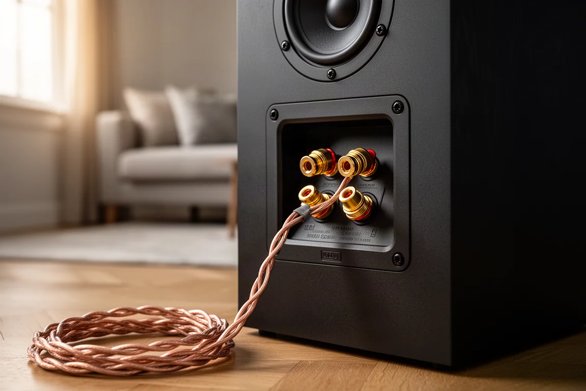Close-up of speaker binding posts with copper speaker cable attached