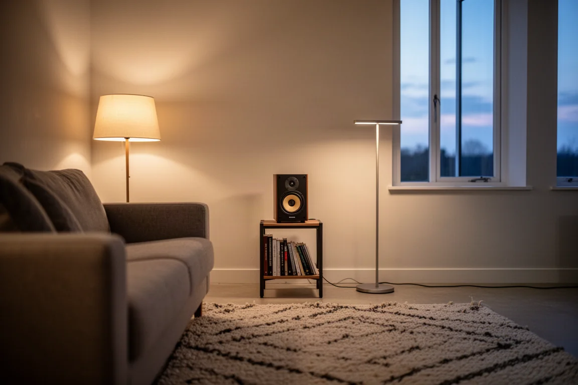 Living room at dusk with a small bookshelf speaker playing on a stand