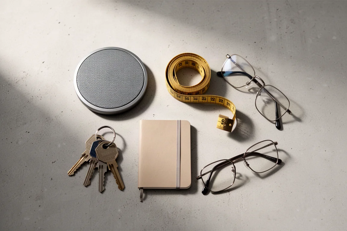 Overhead flat-lay of a speaker grille, measuring tape, notebook, and keys