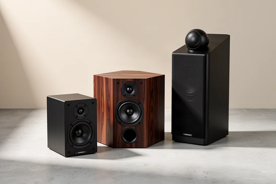 Three compact bookshelf speakers arranged on a pale concrete surface in soft studio light