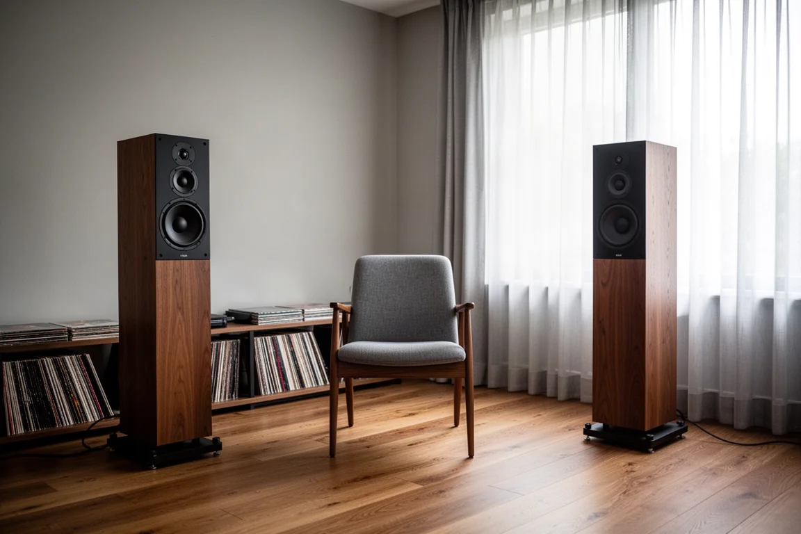 Dos altavoces de estantería orientados hacia un sillón de escucha en un salón con luz tenue