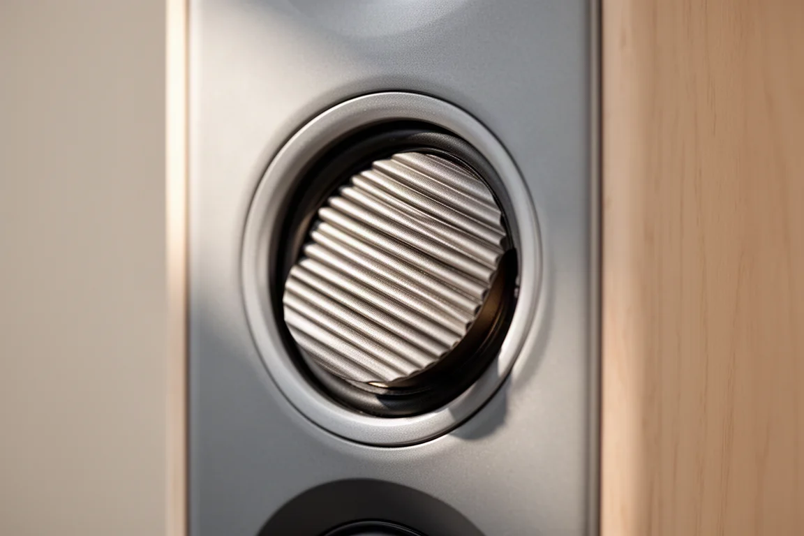 Detalle macro de un tweeter de transformador de aire con pliegues dentro del baffle de un altavoz