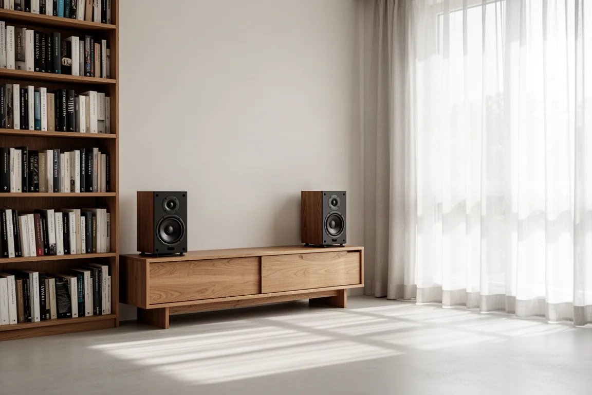 Altavoces compactos colocados cerca de la pared sobre un mueble bajo en un apartamento luminoso