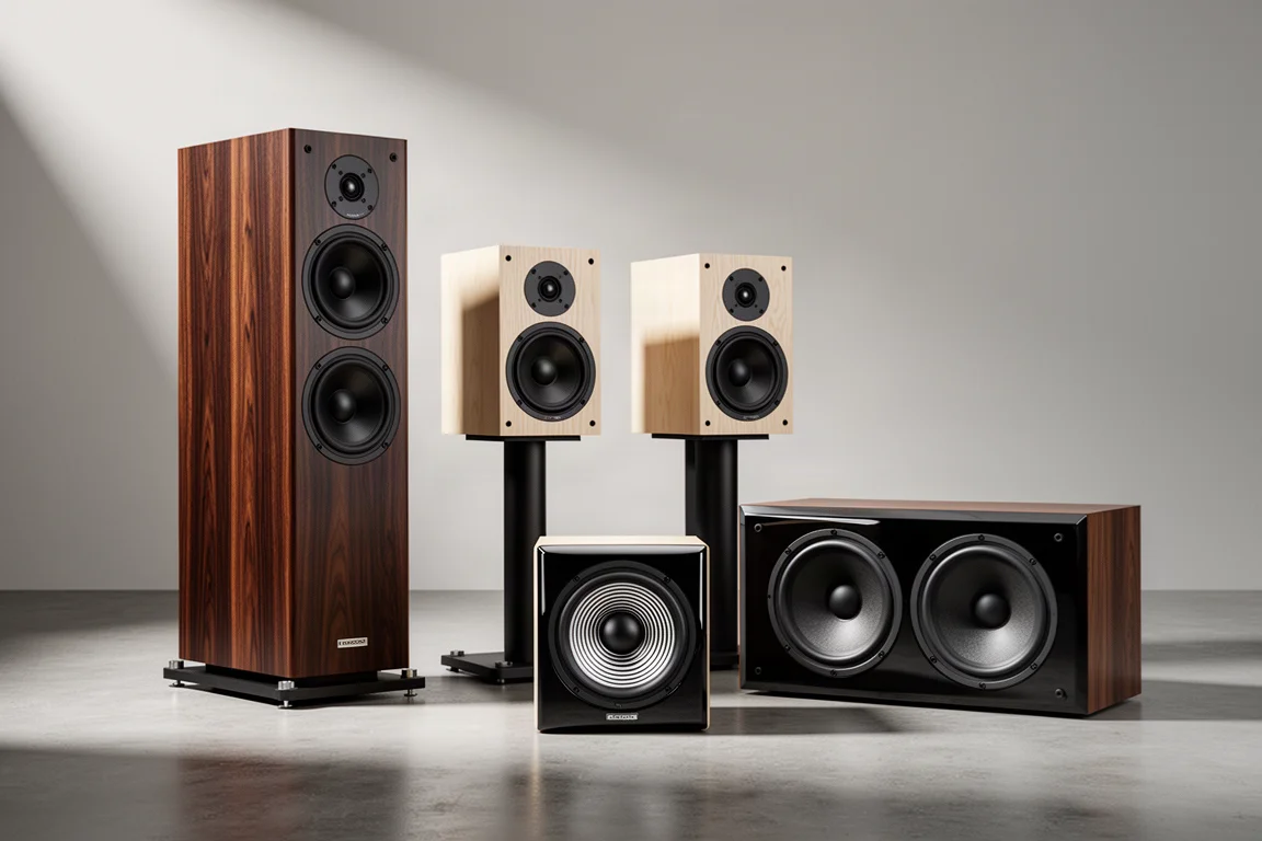 Five loudspeakers of different sizes arranged on a concrete floor in soft studio light