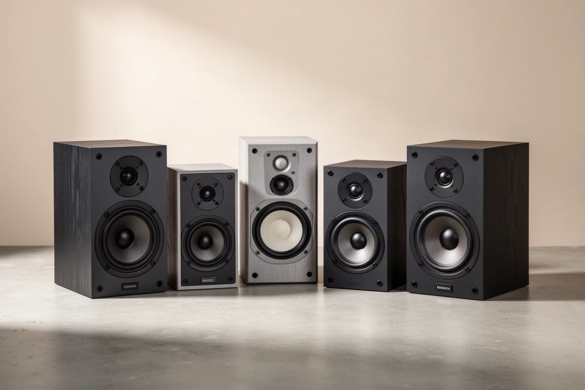 Five bookshelf speakers of different sizes arranged in a row on a concrete surface