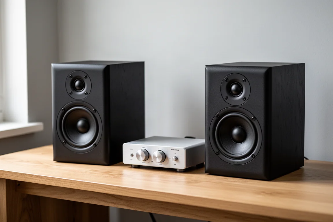 Row of six compact bookshelf speakers with different cabinet finishes and driver layouts on concrete