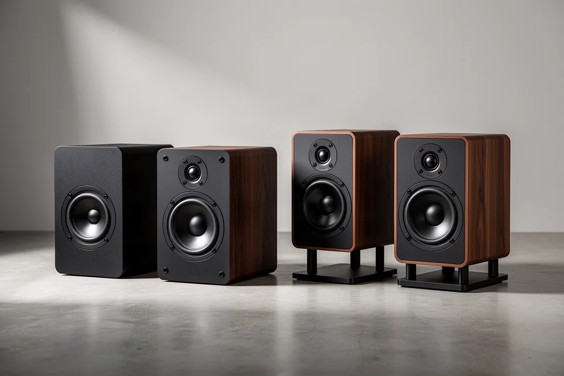 Several compact bookshelf speakers arranged on a concrete surface in soft studio light