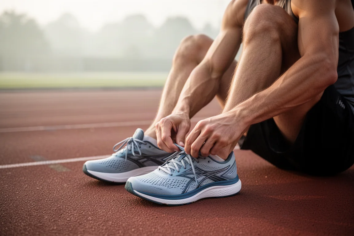 Hardloper vetert lichte trainschoenen aan bij de rand van een atletiekbaan in ochtendlicht