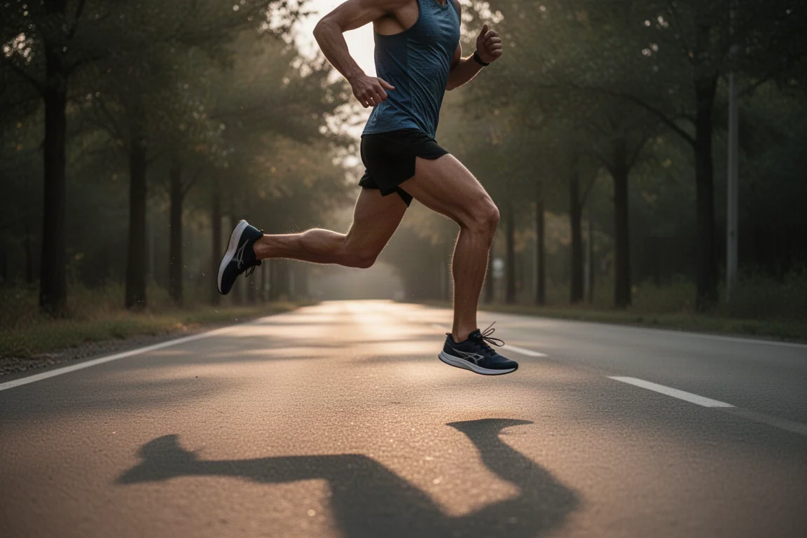 Atleet maakt snelle passen op een met bomen omzoomde weg in de schemering