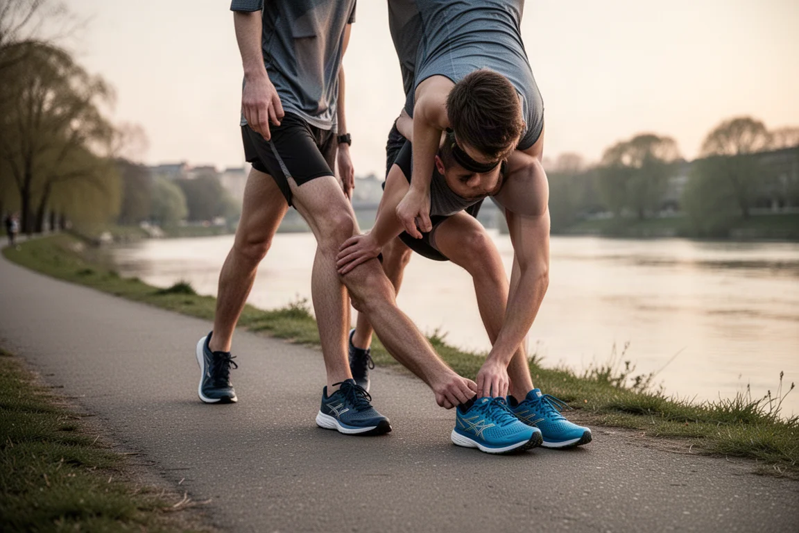 Hardloper rekt naast zijn hardloopschoenen na een lange training aan het water