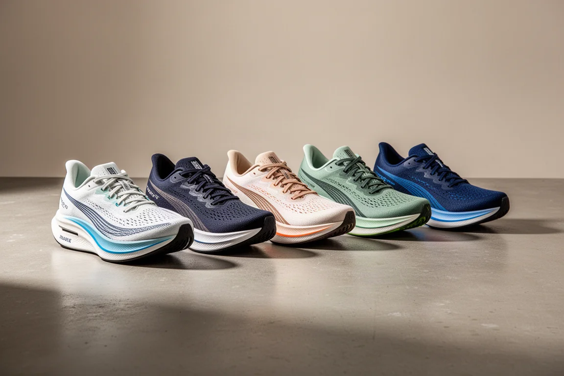 Five lightweight running shoes arranged in a row on a concrete studio floor