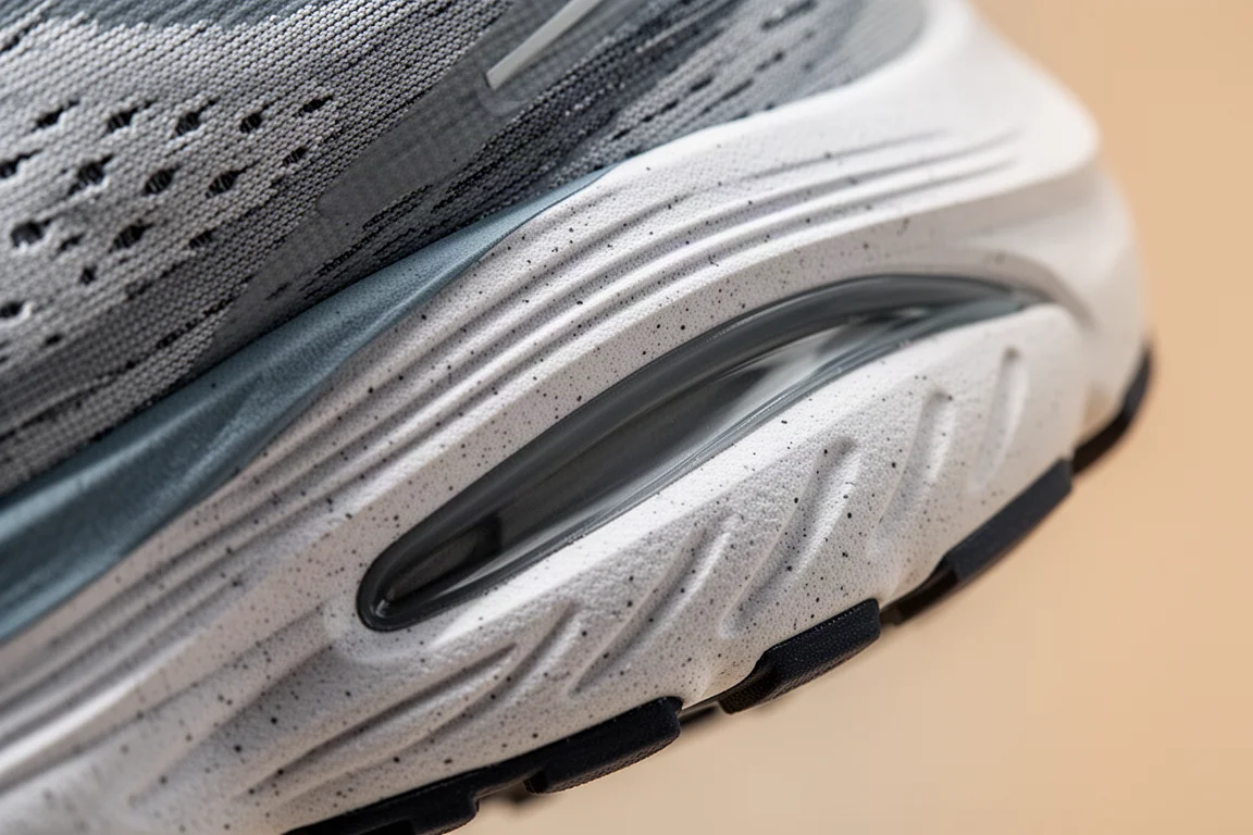 Primer plano de la mediasuela de una zapatilla de running mostrando capas de espuma superpuestas