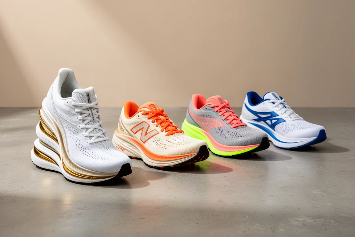 Five running shoes arranged in a row on a concrete surface