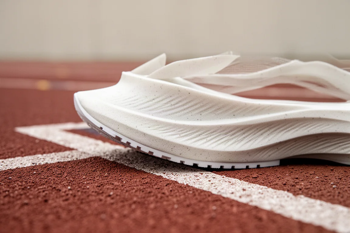 Primer plano de la suela de una zapatilla de running de perfil bajo mostrando un antepié flexible