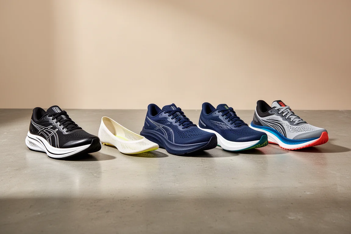 Lineup of lightweight running shoes on a concrete floor