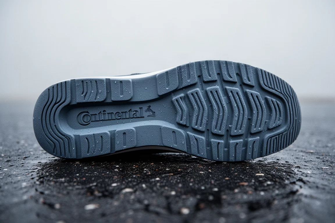 Primer plano de la suela de una zapatilla de running con goma Continental sobre asfalto húmedo