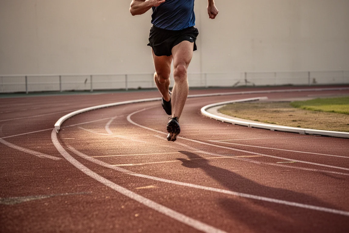Atleta corriendo rápido repeticiones de 200 metros en una pista al aire libre
