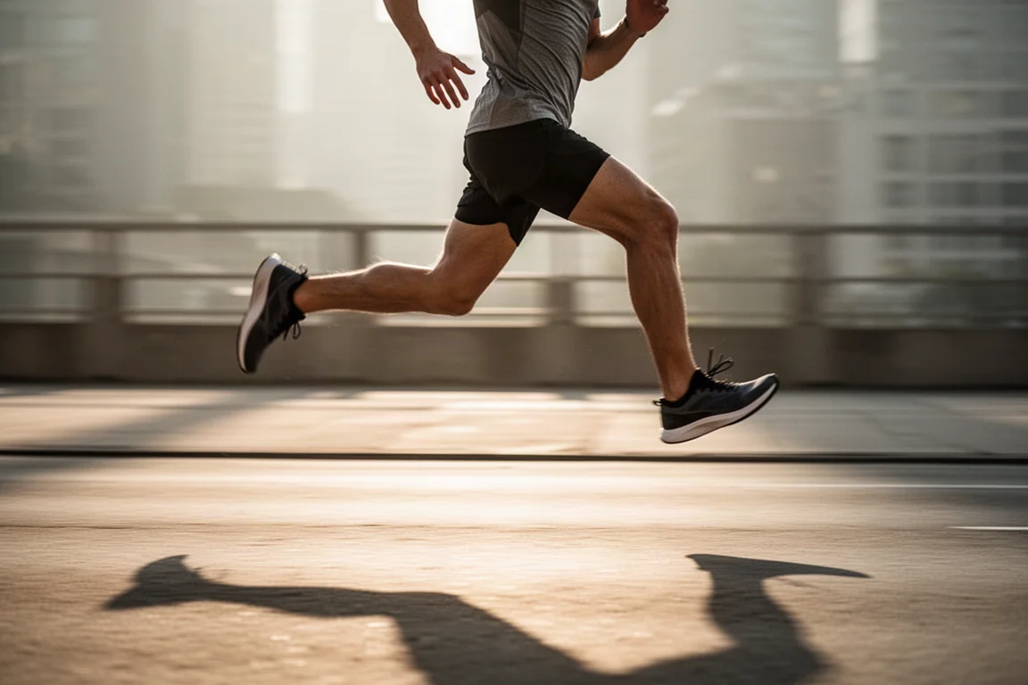 Runner striding through an interval session on sunlit city pavement