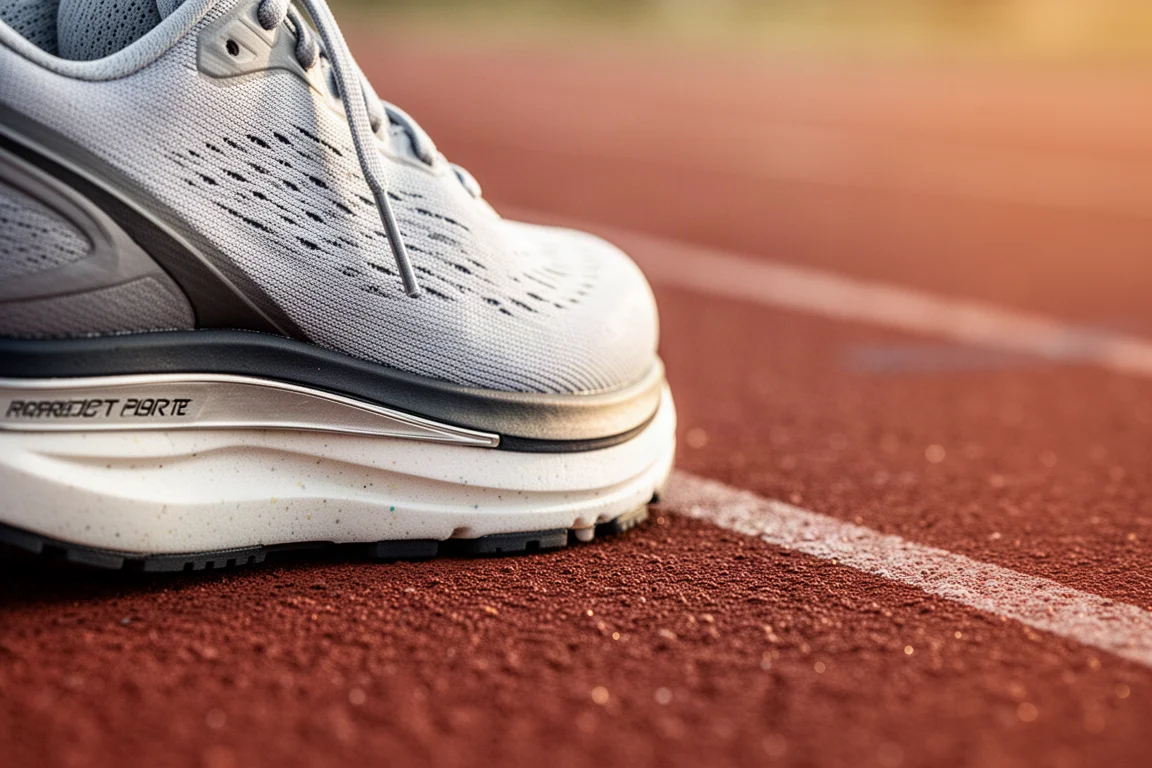 Close-up of a carbon-plated running shoe midsole on a track