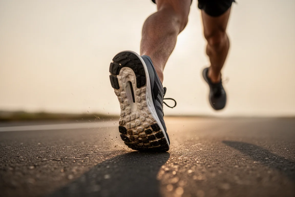 Runner's forefoot striking on paved road at speed