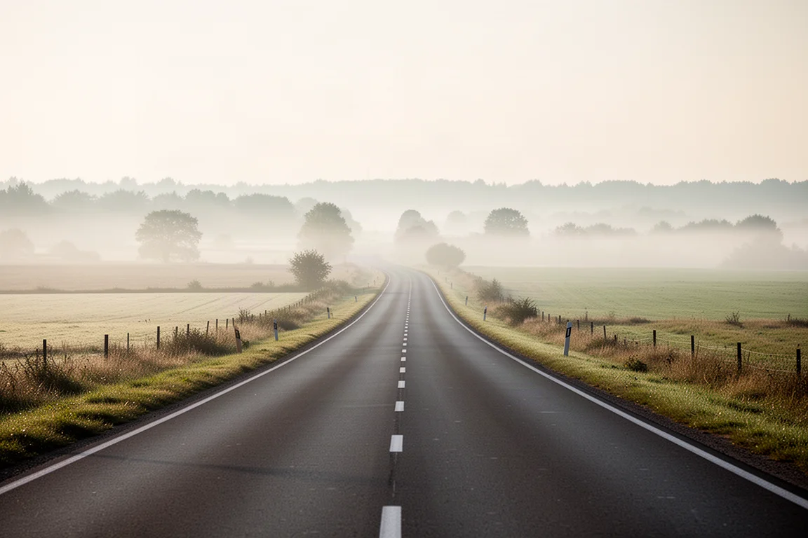 Road curving through open countryside on a long-run morning