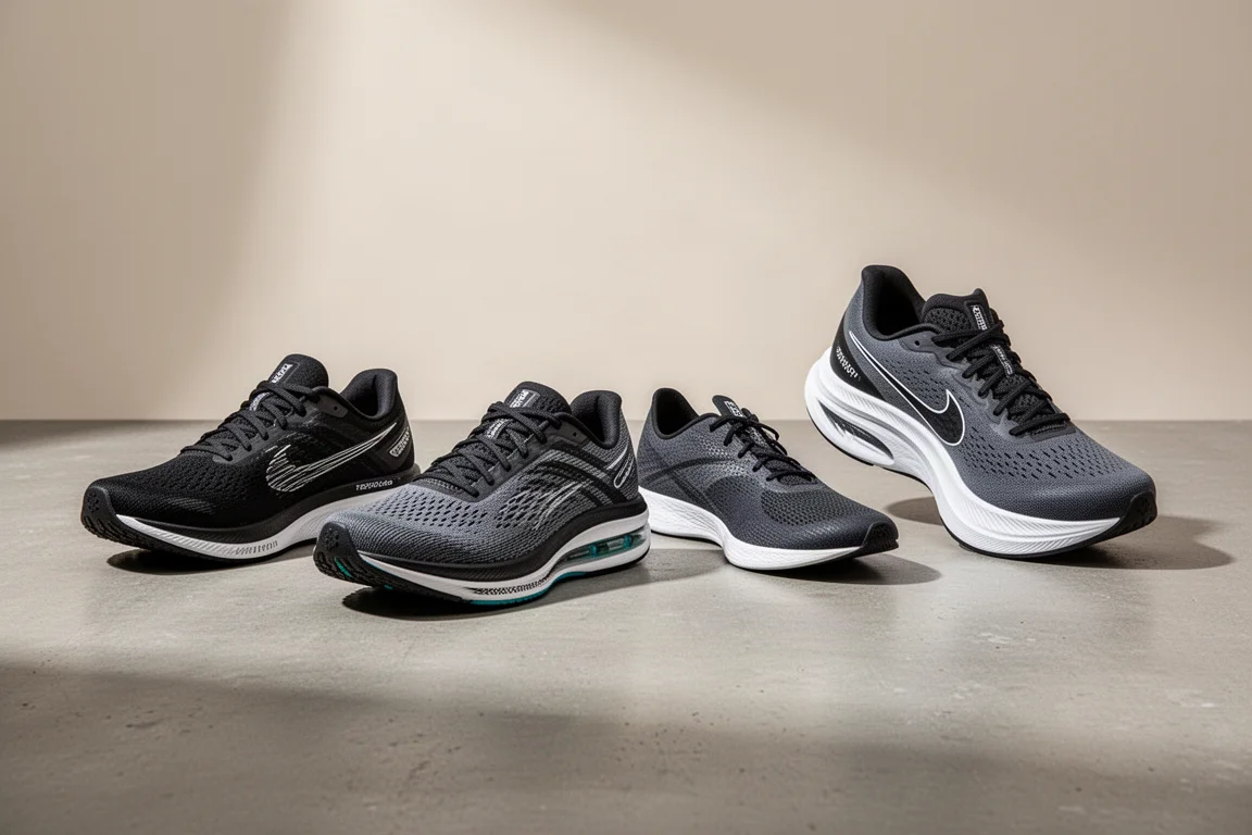 Four speed training running shoes arranged in a row on a concrete surface