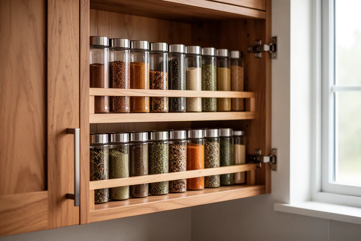 Spice jars arranged on tiered shelves inside a kitchen cabinet
