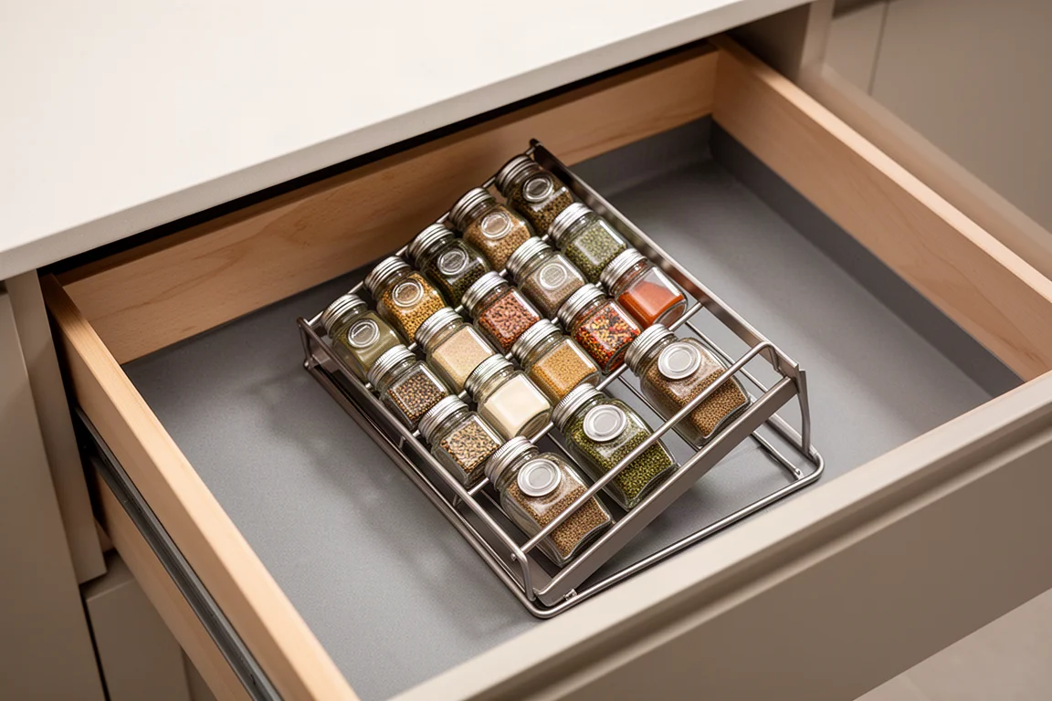 Open kitchen drawer with spice jars organized in slanted rows