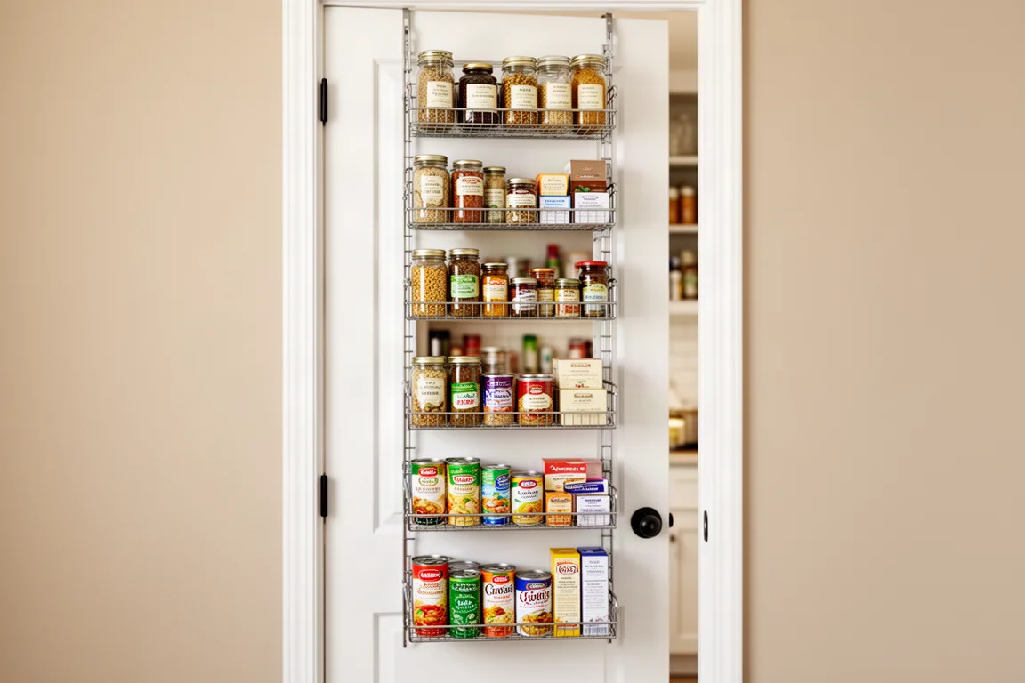Tall multi-shelf rack mounted on the back of a pantry door