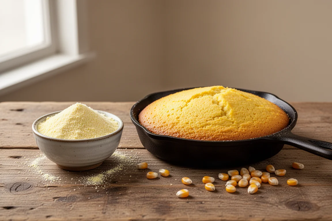 Bowl of fine-ground cornmeal beside a freshly baked skillet of cornbread