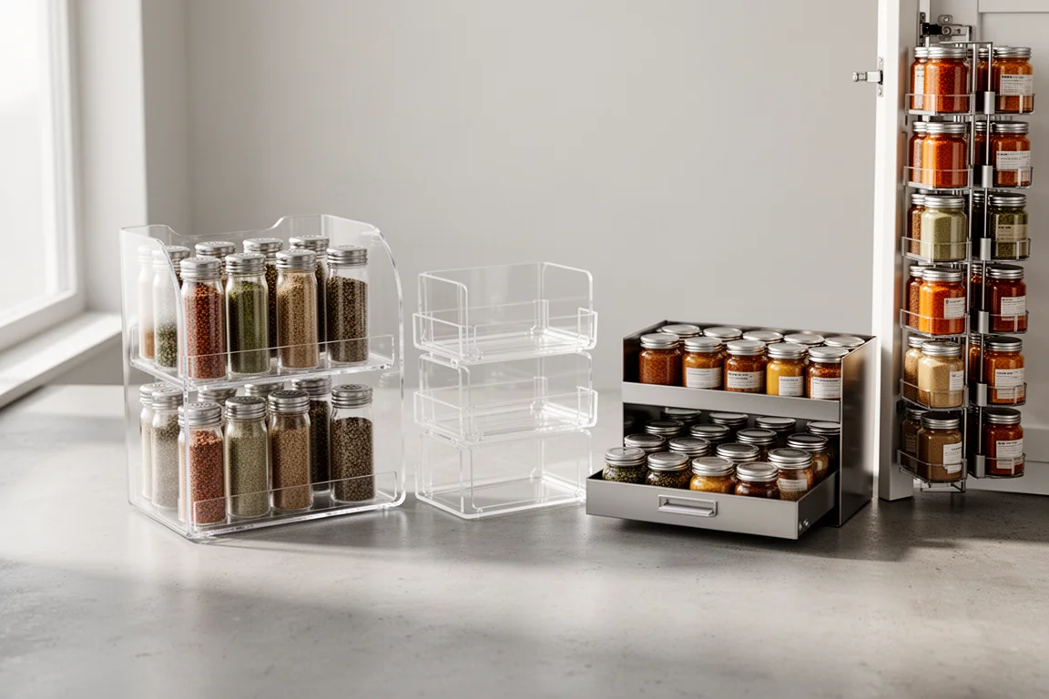 Assortment of spice storage organizers arranged on a kitchen counter