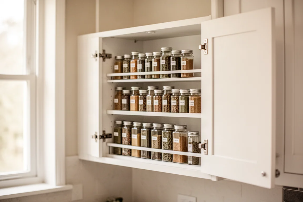 Open kitchen cabinet with tiered spice shelves holding rows of glass jars