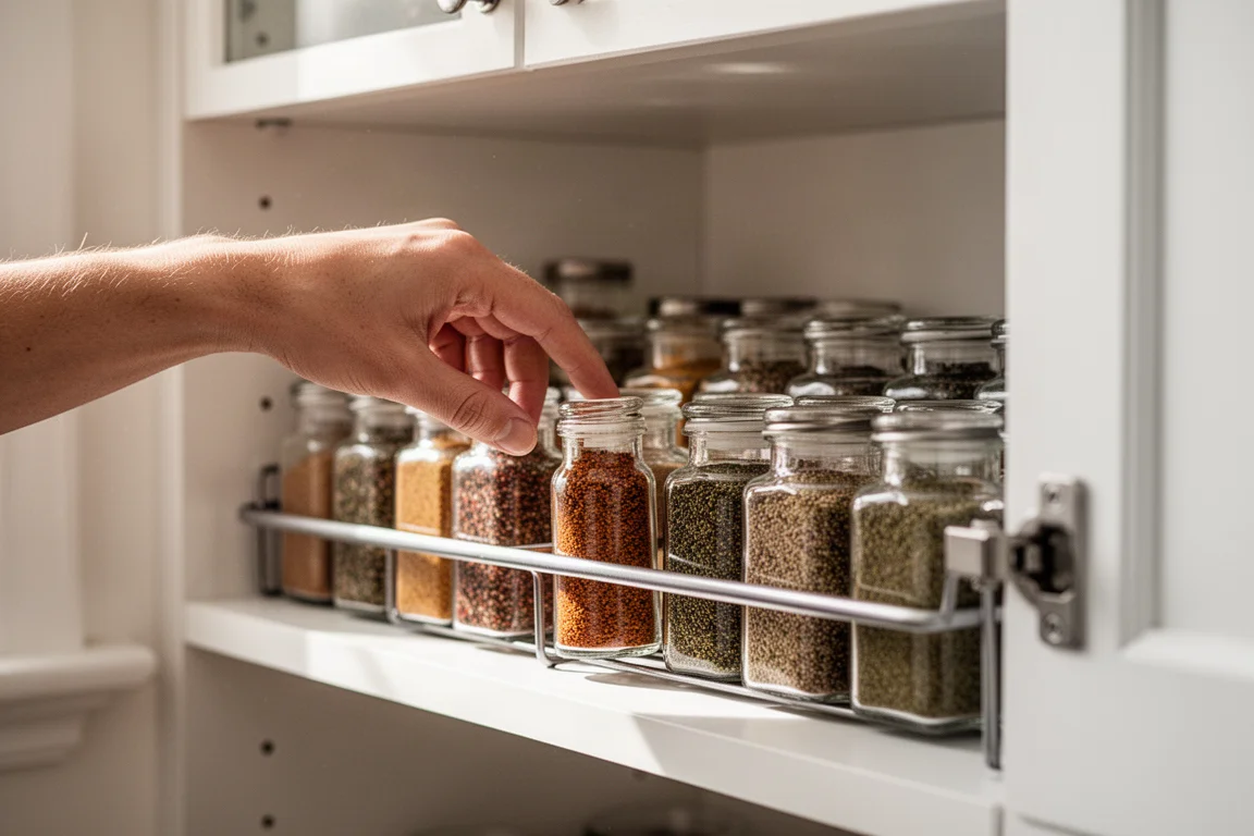Hand reaching toward a clearly visible row of spice jars in a kitchen cabinet
