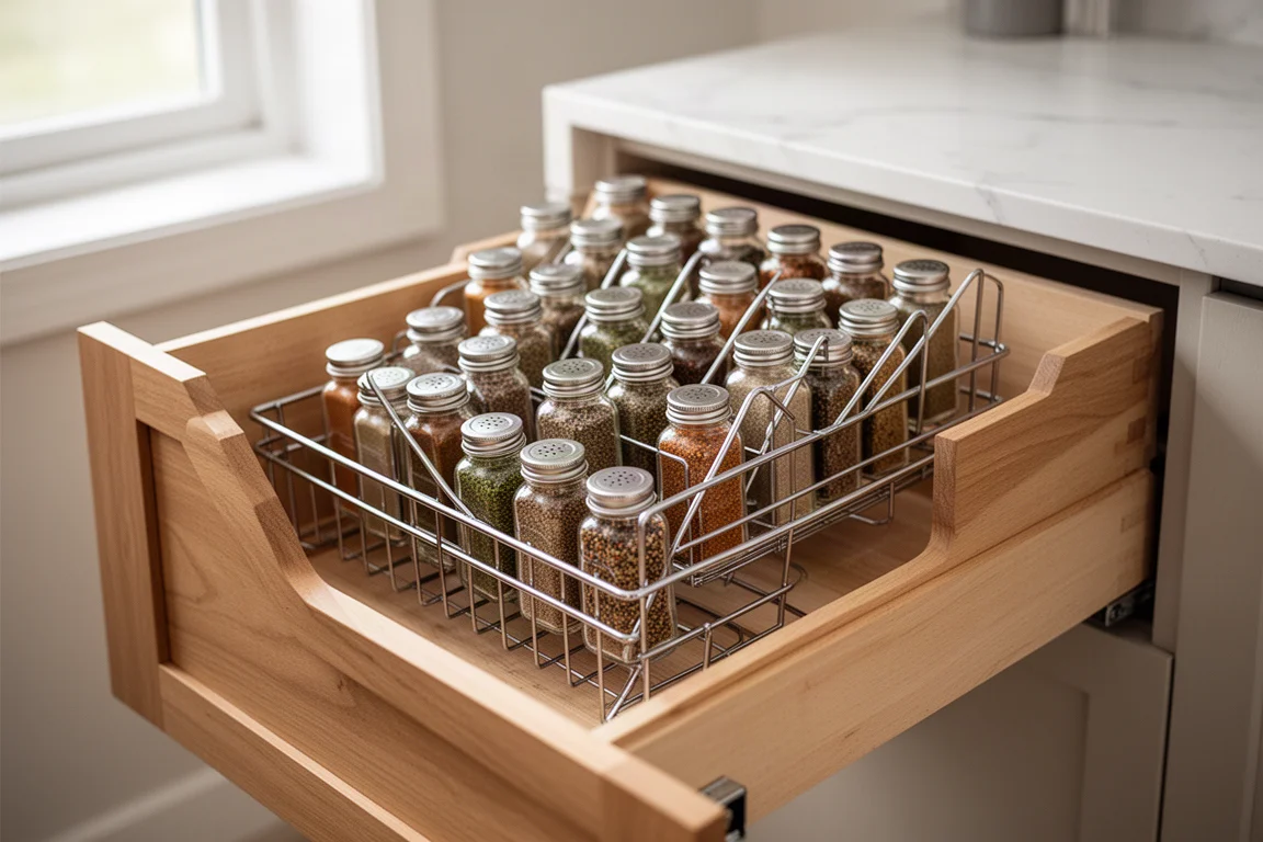 Kitchen drawer pulled open revealing a steel spice organizer filled with jars